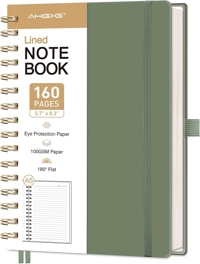 AHGXG Spiral Journal Notebook, 160 Lined Pages, A5 Size (5.7'' x 8.3'') | for Men & Women, Journaling, Writing, Work & Office, Hardcover, 100 GSM Thick Paper (Light Green)