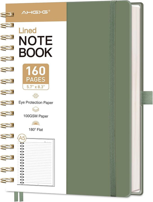 AHGXG Spiral Journal Notebook, 160 Lined Pages, A5 Size (5.7'' x 8.3'') | for Men & Women, Journaling, Writing, Work & Office, Hardcover, 100 GSM Thick Paper (Light Green)