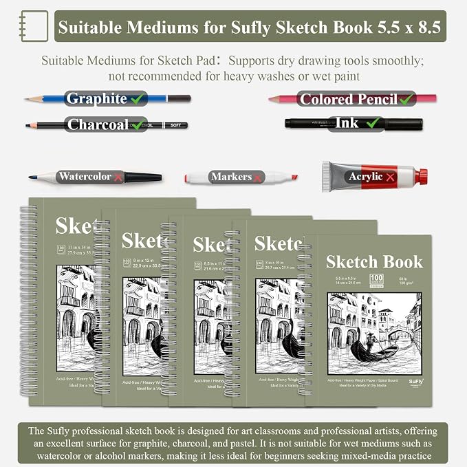 SuFly Small Sketchbook, Sketch Book 5.5 X 8.5, Pack of 1 (68lb/100gsm), 100 Sheets Artist Sketch Pad, Acid Free Drawing Paper, Art Paper for Drawing and Painting & Adults.