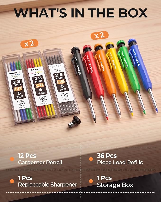 Nicpro 12 Pack Carpenter Pencil with Sharpener, Mechanical Pencils Set with 52 Refills, Deep Hole Marker for Construction, Heavy Duty Woodworking Tools for Architect (Red, Black, Yellow, Blue, Orange)