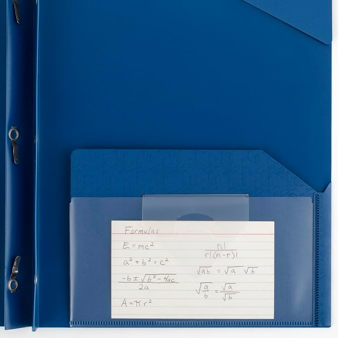 Five Star 2 Pocket Folder, Stay-Put Folder, Plastic Colored Folders with Pockets & Prong Fasteners, for Home, School Supplies & Home Office, 11” x 8-1/2”, Blue (72115) (Pack of 2)
