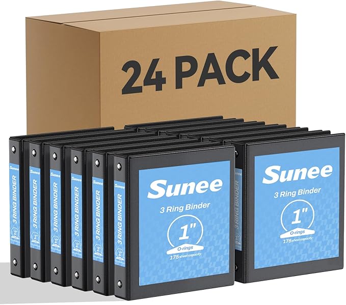 SUNEE Black Binders 1 Inch 24 Pack Bulk, Clear View 3 Ring Binders PVC-Free (Fit 8.5x11 Inches) for School or Office Supplies