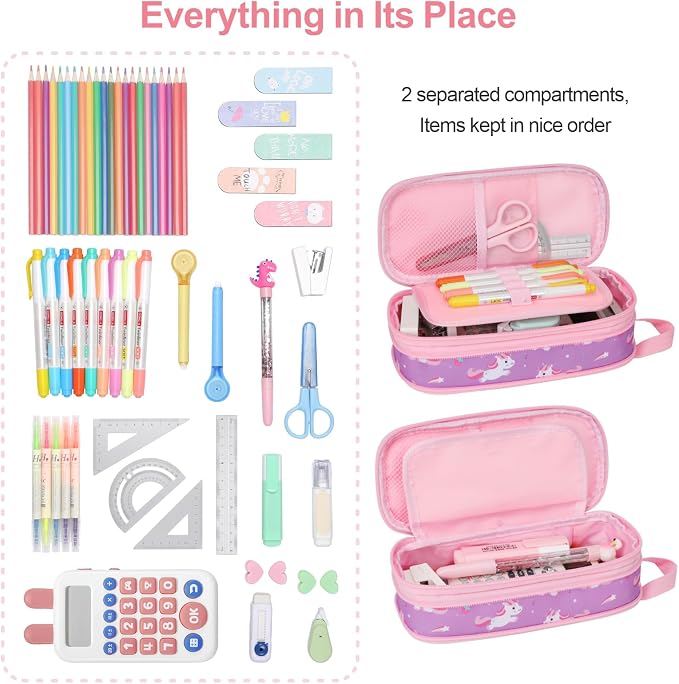 Bagseri Pencil Case for Girls - Expandable Cute Pencil Pouch for Kids Special Pencil Box Large Capacity Pencil Bag Organizer for School (Glitter Purple Unicorn)