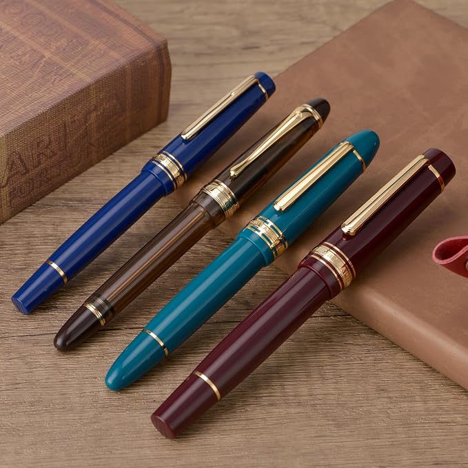Yongsheng Junlai 930 Acrylic Fountain Pen, Size 9 Medium Nib with Piston Filling System, Wine Red Fence Ink Tank with Flat Top Design Smooth Writing Pen (Gold Trim)