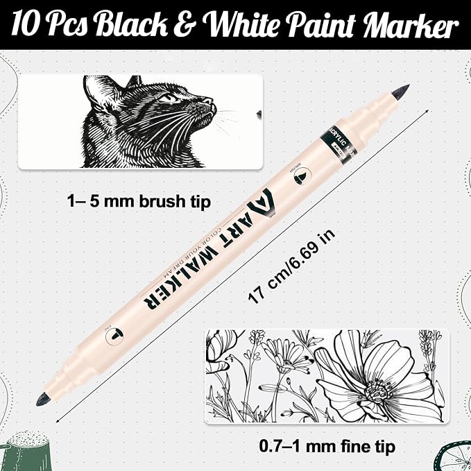 Thboxes 10 Pack Black & White Acrylic Paint Markers, Dual Tip | 1mm Fine Tip + 1–5mm Brush Tip, Water-Based Acrylic Ink, Quick-Dry,for Wood, Glass, Rock, Plastic, Canvas, Fabric