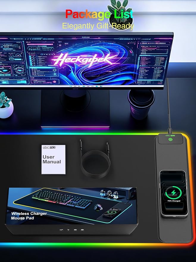 Wireless Charging Mouse Pad Gaming, 31.5"x15.8" Large Desk Mat, Waterproof | RGB Mousepad, Smooth Glide, Stitched Edge, Non-Slip Rubber Base, Desk Pad Computer Keyboard Mat, No Adapter