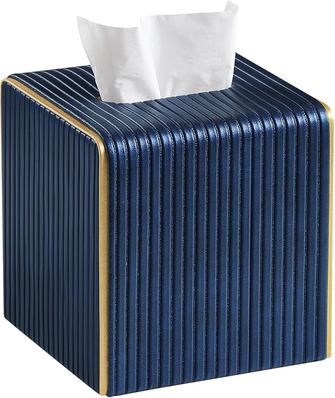 Square PU Leather Tissue Box Cover with Magnetic Closure, Decorative Tissue Holder & Storage Container for Bedroom, Living Room, Dining Room, Bathroom, Countertop, Desk (Square Blue)