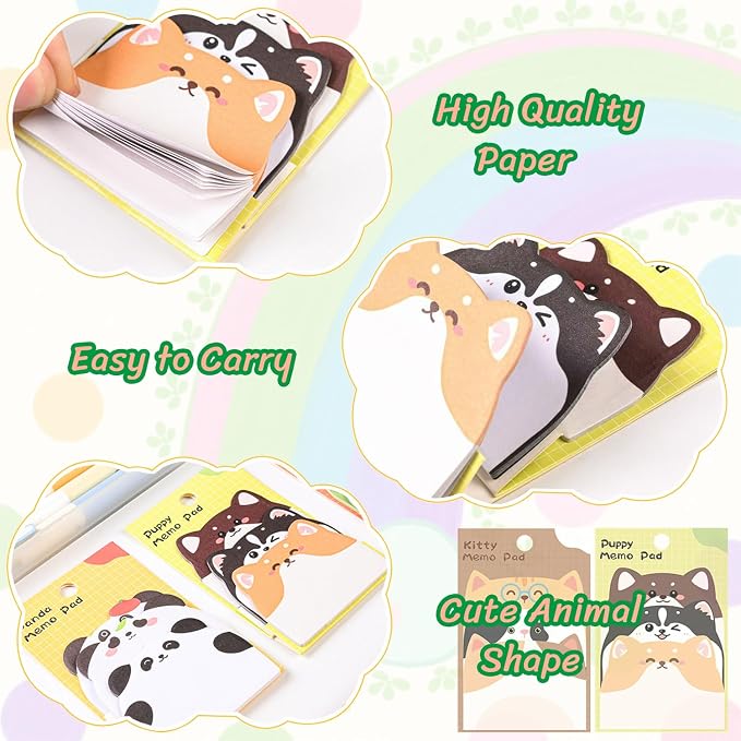 Cute Sticky Notes, 10 Pack 450 Sheets Cartoon Animal Sticky Notes Kawaii Mini Animals Shape Markers Flags Self-Stick Memo Pads for Adult Home Office Roommates Gifts Tab Suppliess