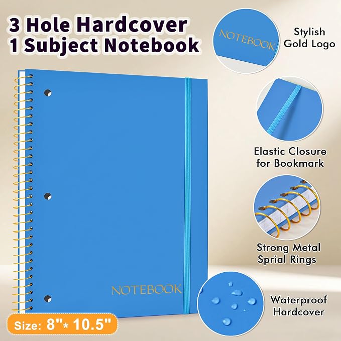 Spiral Notebook Graph Ruled Paper 8" x 10 1/2", 1 Subject Spiral Grid Notebook 3-Hole Punched Perforated Page Ideal for School, Office, Writing, 95 Sheets Lined Journaling Graphing Notebook, Blue