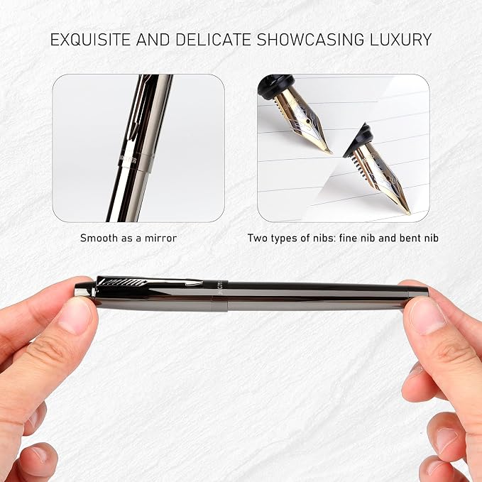 Fountain Pen with Fine Nib & Black Ink, Refillable & Elegant Bent Nib Design, Calligraphy Pens for Writing, Best Fountain Pen for Smooth & Fancy Writing(Grey)