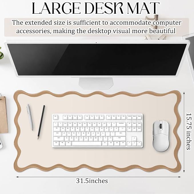 Hahafelt Scalloped Desk Mat Large Desk Pad Cute Coquette Table Mat Back to School Preppy Table Make up Pad Nonslip Graduation Gift with Stitching Waterproof Gaming(Beige,31.5 x 15.8 Inches)