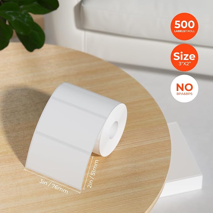 MUNBYN 3x2 Thermal Labels, 500 Sheets/1 Roll, White | Strong Adhesive & Perforated, Non BPA&BPS for Small Business, Shipping, Bakery, Barcode, Price Tag
