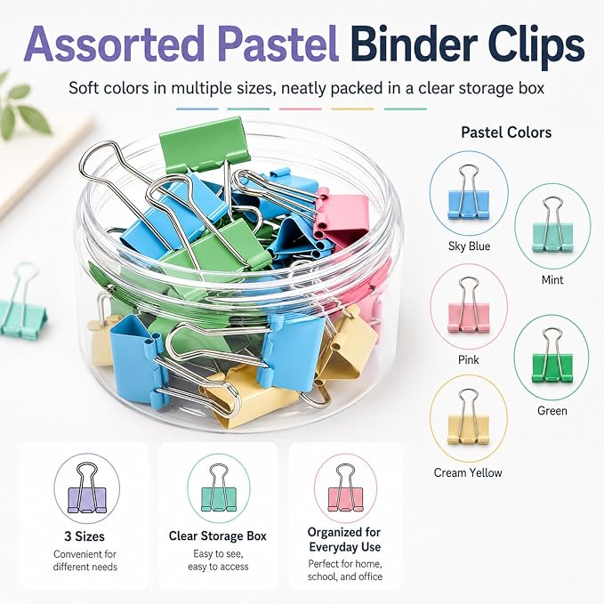 Binder Clips Assorted Sizes, Durable Metal Binder Clips for Office, Cute Desk Supplies for Teachers Student (60, Colorful)