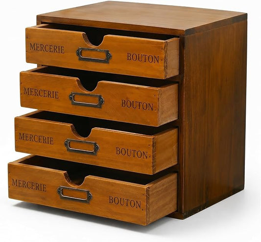 Modular Stackable Apothecary Cabinet 4 Drawer Desk Organizer - Retro Library Card Catalog Wood Storage Box - Organize Stationery, Thread Embroidery, Sewing, Crafts, Junk Drawer & Supplies Countertop
