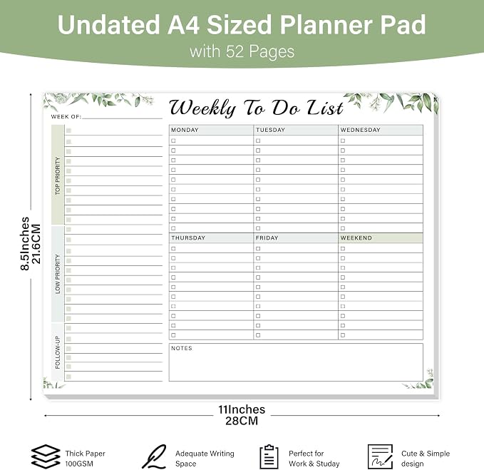 Weekly To Do List Notepad - 52 Undated Glue Bound Tear-Off Sheets (8.5"x11") for Desk Planning | Home, Work & School Organization Pad for Women & Men (Green)