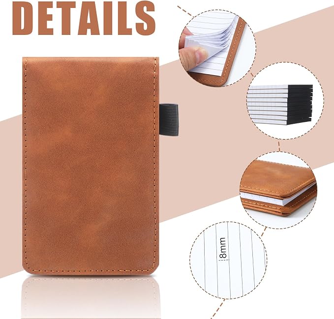 Outus 10 Pcs Mini Pocket Notepad Holder Set Included Small Leather Pocket Notebook Holder with 50 Lined Sheets, Metal Pen, 8 Pcs 3 x 5 Inch Memo Book Refills, 30 Lined Paper Per Note Pad (Camel，white)