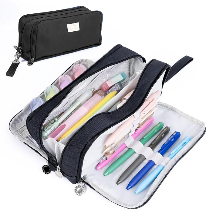 Four Candies Black Pencil Case 3 Compartment Pouch, Large Pencil Pouch for School, Girls, Teen Boys, Women, Black, Removable Handle & Zipper, Cute Pencil Bag for Office, College