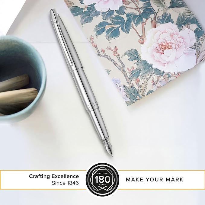 Cross ATX Pure Chrome Stainless Steel Fine Nib Fountain Pen - Refillable Pen for Smooth Writing - Black Ink - Comfortable Grip - Long-Lasting - Professional Office Supplies