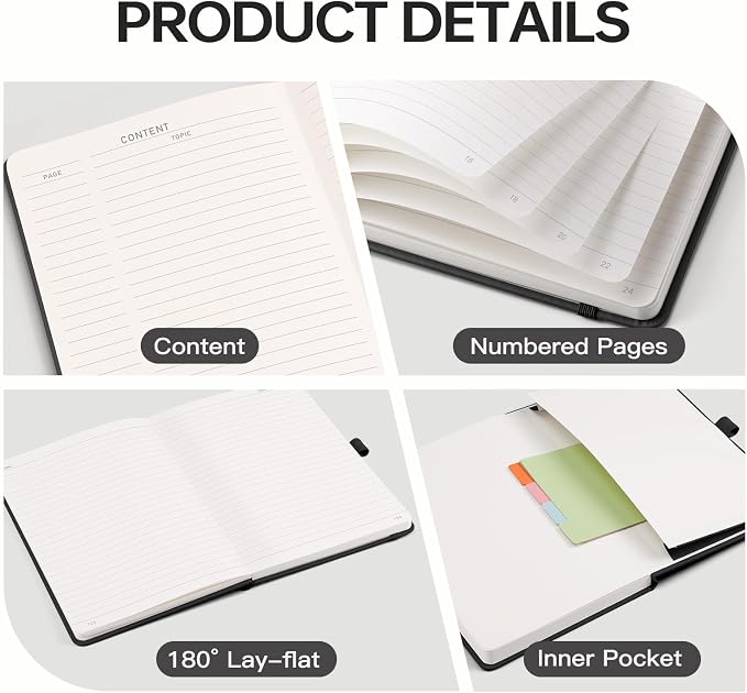 EMSHOI Lined Journal Notebook, 192 Numbered Pages, A5 Size (5.7'' x 8.3'') | Leather Hardcover, 100 GSM Thick Paper, for Women & Men, Journaling, Writing, Work & Office, Sun Debossed (Black)