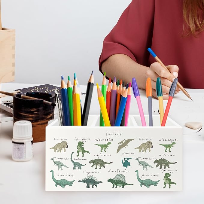 Dinosaur Pen Pencil Holder Organizer for Desk, Dino Type Educational Chart Wooden Box Signs Decorations for Kids Boys Room Bedroom Classroom Desk Tabletop, Dinosaur Gifts for Kids Boys