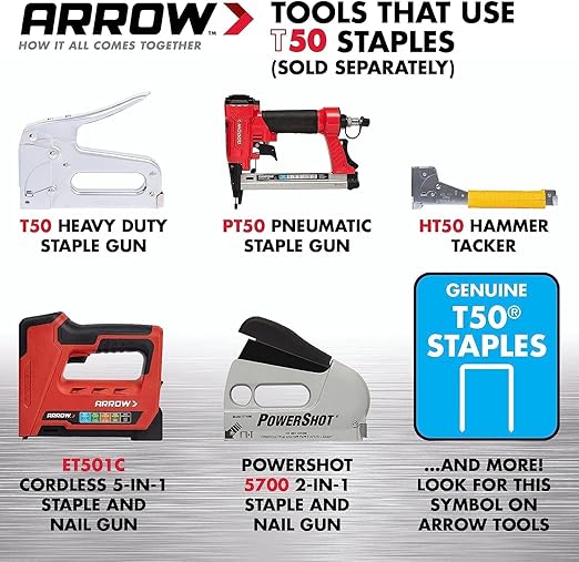 Arrow T50 9/16" Staples, 1250 Count | Heavy Duty, For Upholstery, Construction, Furniture, Crafts, Fit Arrow T50 Staple Guns, Hammer Tackers and Pneumatic Tools