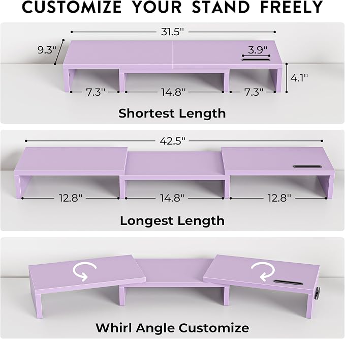 BONTEC Dual Monitor Stand Riser with Smartphone Holder, Adjustable Length & Swivel Angle, Ergonomic Wooden Desktop Organizer for PC Monitor, Laptop, Printer, Large Storage, 42.5 in, Purple