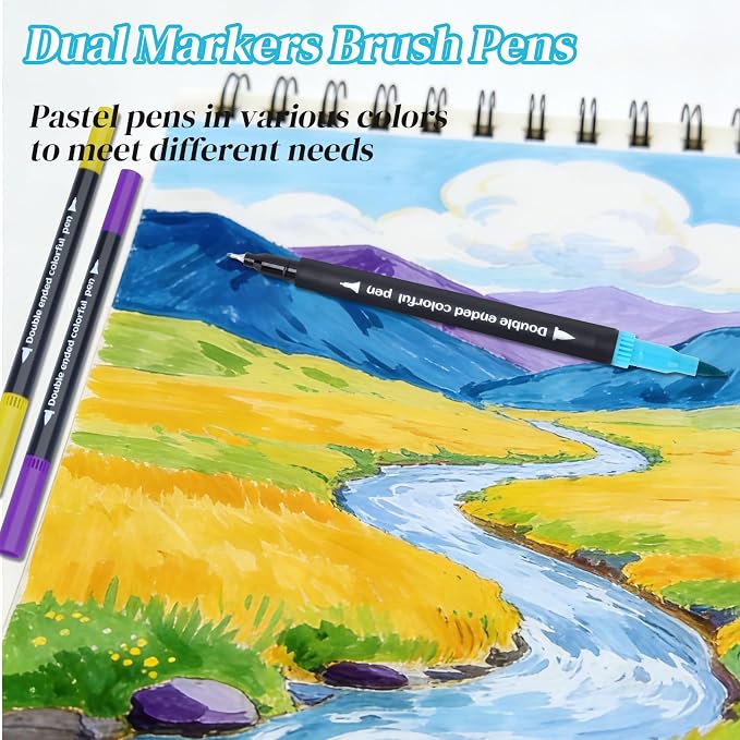 24Color Dual-Tip Art Markers Set, Fine & Brush Tips for Adult Coloring Books, Watercolor & Drawing Pens, Artist Marker Pens for Illustration, Sketching, Journal