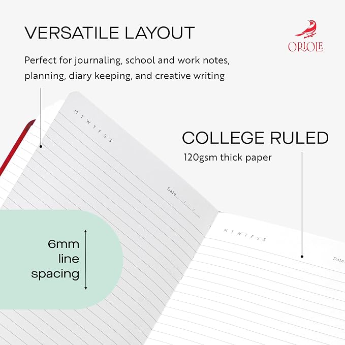 Oriole Vegan Leather Ruled Notebook - Cherry Red | 176 Pages of Thick Lined Paper | Soft Touch Hardcover Journal (5 x 8 in) with Gold Foil Bird Design & Luxury Gift Box