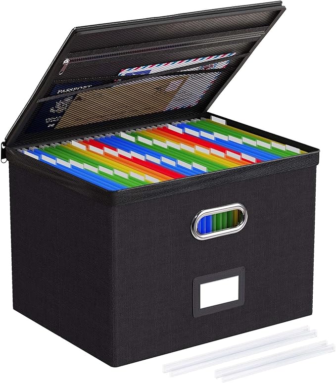 Oterri File Box Large 1-Pack Hanging Organizer for Letter/Legal-Size Folder | Dustproof Lid. 3 Mesh Pockets. Collapsible Scratch-Resistant GRS Linen. Slide Rails. Office, Home, Dorm