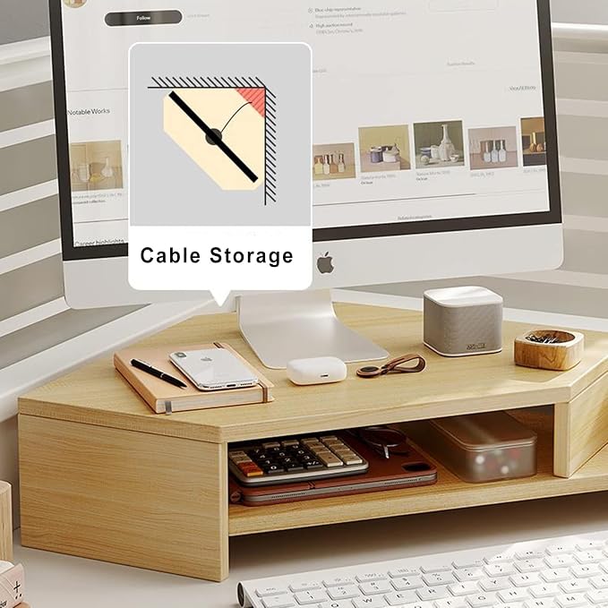 ROYUMI Double Layer Wooden Corner Monitor Stand, Monitor Riser for L Shaped Desk, Corner Laptop Stand with Slots, Space Saving Corner Desk Riser