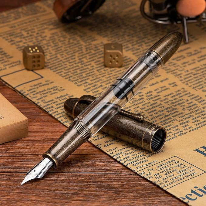 Asvine P30 Piston Fountain Pen Extra Fine, Retro Brass Style, Transparent Acrylic Large Ink Capacity Writing Gift Box