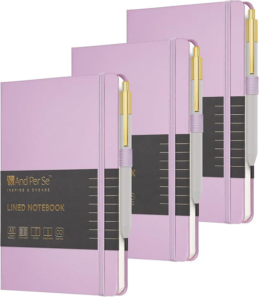 &And Per Se Lined Journal and Pen Set (3 Packs), A5 Leather Hardcover Notebook with Pen & Stationary Set, 160 Pages 100GSM Thick Ruled Paper Journal for Business Work Writing (Purple)