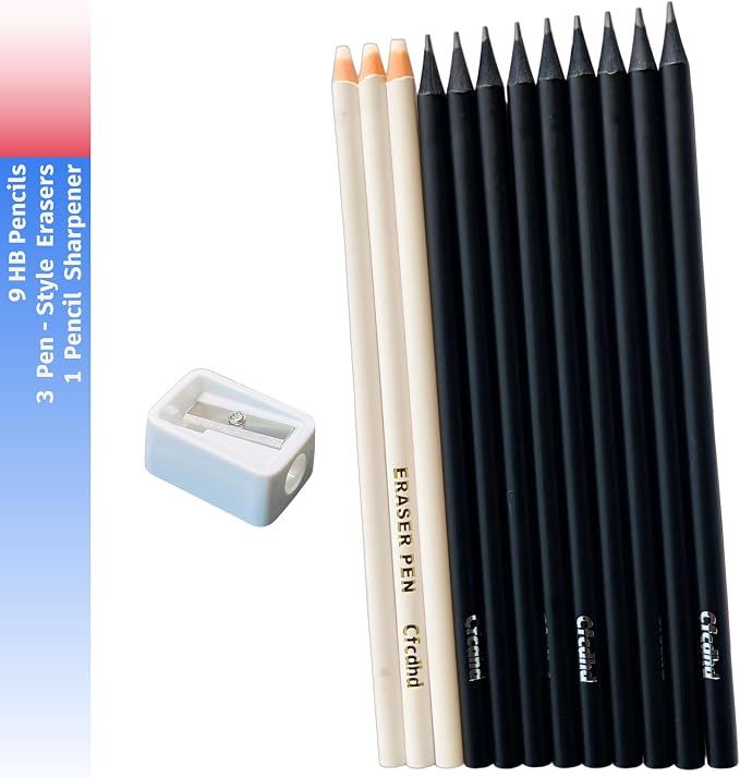 #2 HB Pre-Sharpened Wood-Cased Graphite Pencils 9 Pack | 3 Pencil-Style Erasers & 1 Pencil Sharpener，Ideal for Writing, Drawing & Sketching, Perfect for Students, Adults, Artists