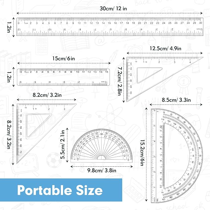 6 Piece Geometry Set, Professional Drafting Tools | 12″/6″ Clear Rulers, 2 Triangle Rulers, 2 Protractor for School, Office, Engineering & Art Drawing