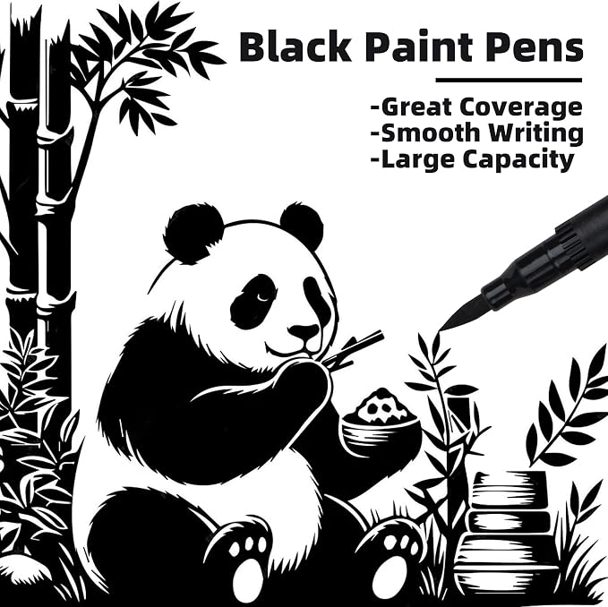 LIULIUCAI 6 Pcs Black Paint Pens– Fine Point Black Gel Pens, Dual-Tip Acrylic Paint Markers, Long Nib Alcohol Marker, Brush Tip Black Markers for Coloring Drawing Sketching Calligraphy Rock Painting