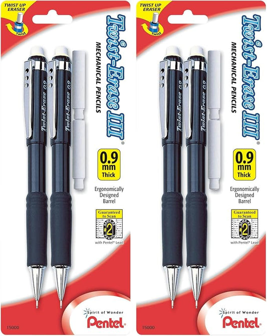 Pentel Twist-Erase III Mechanical Pencil, (0.9mm), Assorted Barrel Colors with 2 Eraser Refills (QE519BP2-K6) (Pack of 4)