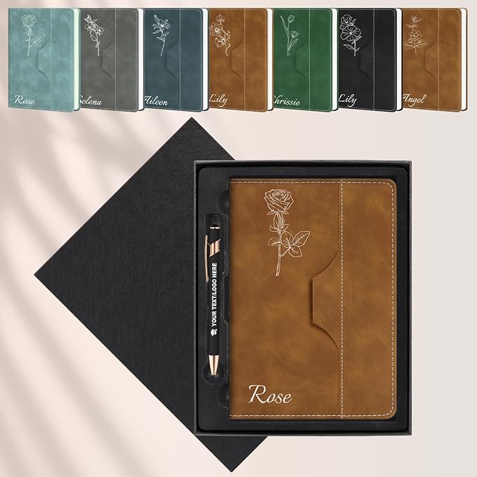 ENOMY Personalized A5 Notebook Writing Set Custom Notebook PU Leather Personalized Journal with Stylus Pen & Gift Box for College Holiday Travel Business Gift, Brown