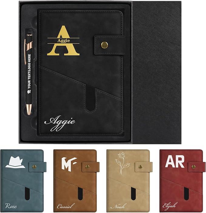 ENOMY Personalized Notebook & Pen Set A5 Notebook with Lock Closure, 200 Lined Pages PU Leather Custom Notebook Cover Premium Gift Box for College Birthday Business Gift, Black