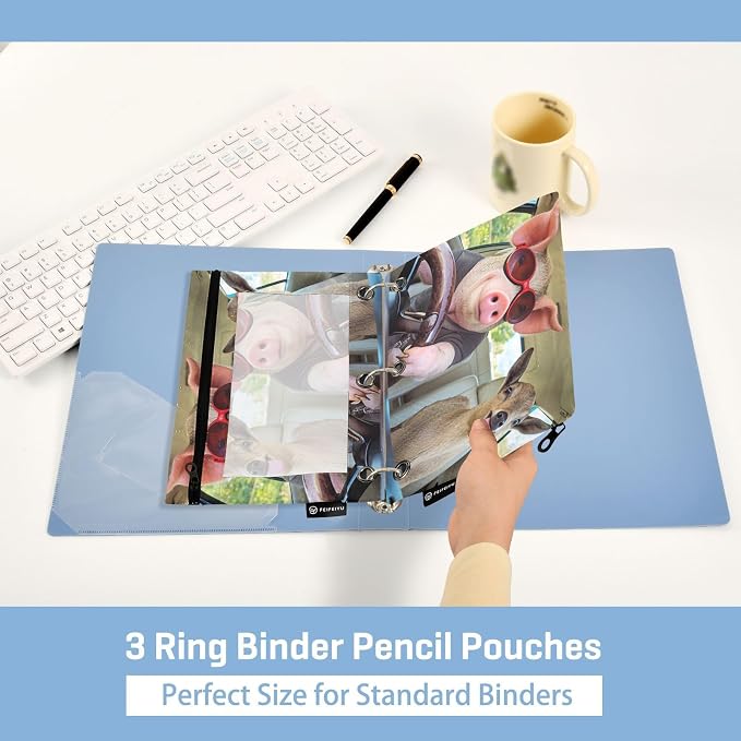 Gredecor Binder Pencil Pouch 3 Ring Pig Goat Driving Car Zipper Pencil Pouches Case 2 Pack Clear Binder Organizer for School Office