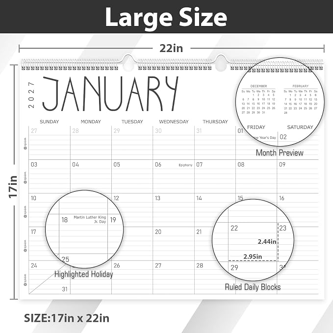 Guasslee Large Wall Calendar 2026-2027, 12 Monthly Calendar from 2026 June-May 2027 Jumbo 22"x17" Hanging Desk/Wall Planner with Spiral Bound for School Home Office Organizing