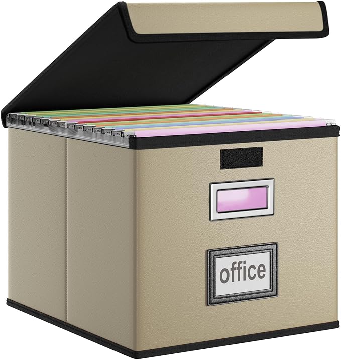 Faux Leather File Organizer Box with Lid, Collapsible Hanging File Folder Box Organizer with Plastic Slides, Decorative Home/Office Filing System Boxes for File and Folder Storage-Khaki