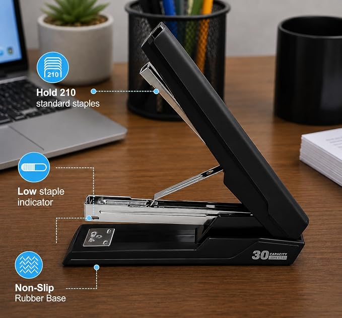 Metal Stapler with 830 Staples, Office Stapler, Staplers for Desk, 30 Sheet Capacity, Non-Slip, Black