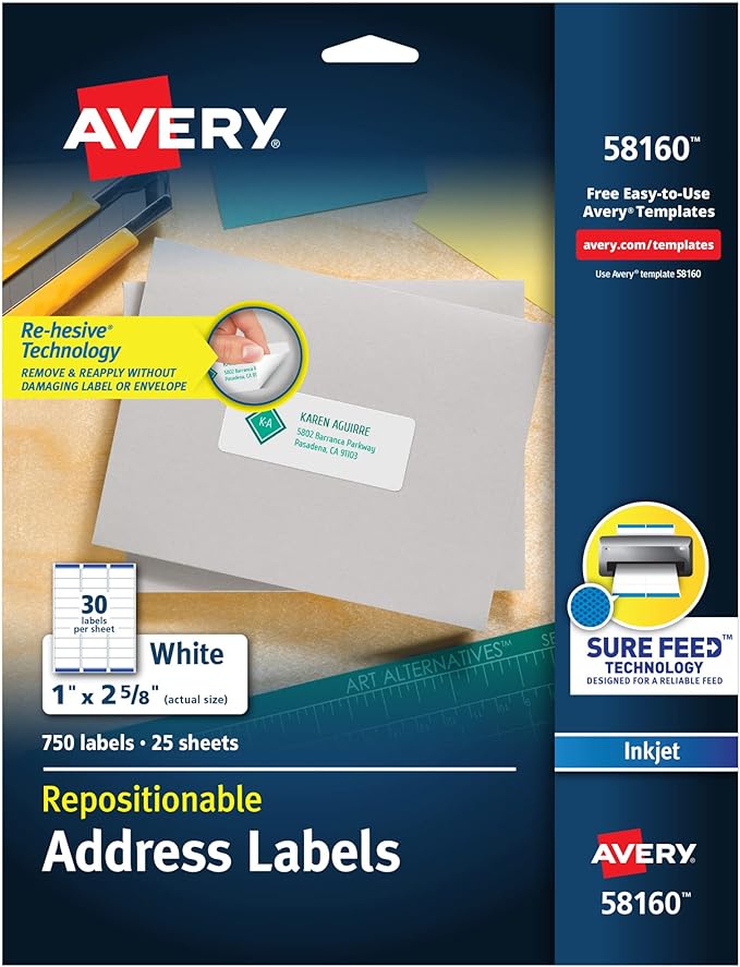 Avery Repositionable Printable Address Labels, Sure Feed Technology, 1" x 2-5/8", White, 750 Blank Mailing Labels (58160)