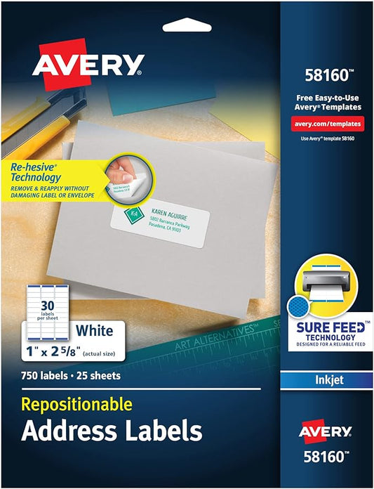 Avery Repositionable Printable Address Labels, Sure Feed Technology, 1" x 2-5/8", White, 750 Blank Mailing Labels (58160)
