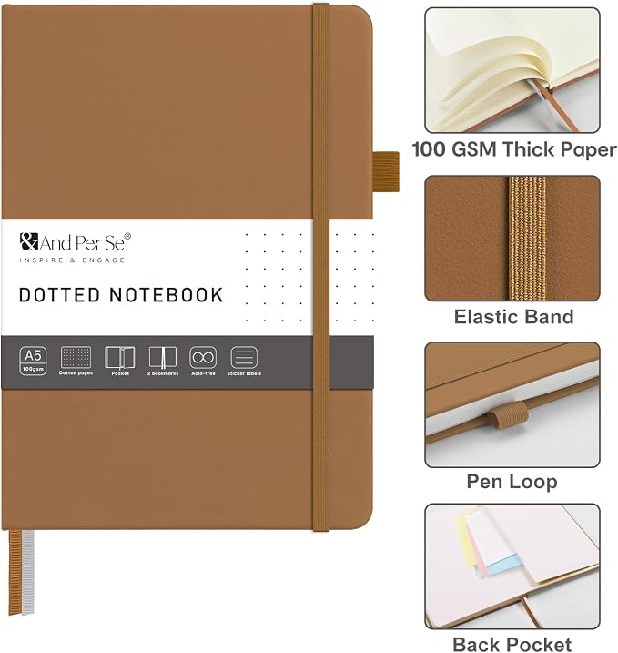 &And Per Se Dotted Journal Notebook – A5 Hardcover, 160 Pages 100gsm Paper, Dot Grid Notebook for Planning & Creative Journaling, 3 Sticker Sheets Included (Light Brown)