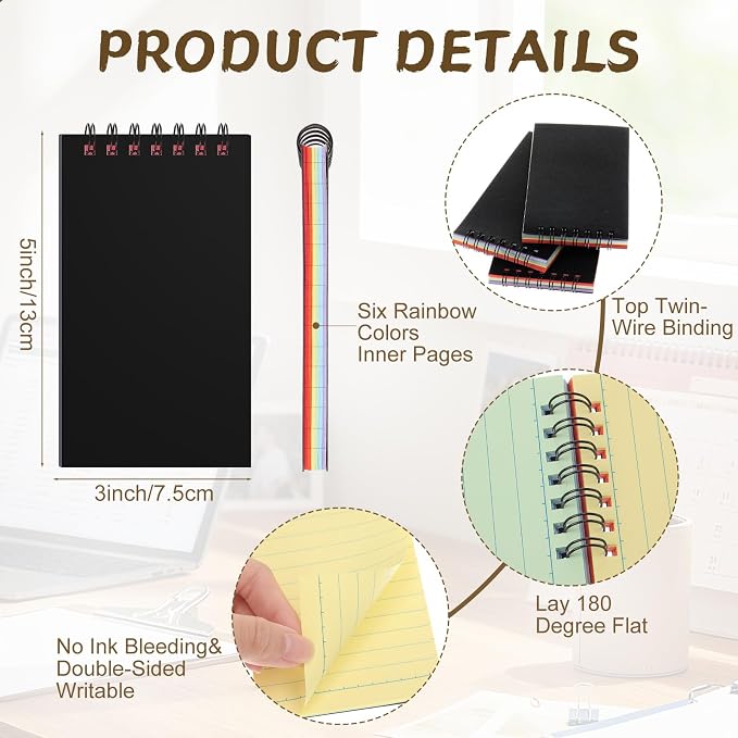 Tenceur 36 Pcs Pocket Notebook Small 3x5 Inch Black Cover Colorful Page Top Spiral Notepads Bound Notebook with Lined 120 Pages Mini Memo Pads for Office College Nurse Essentials Back to School Gift