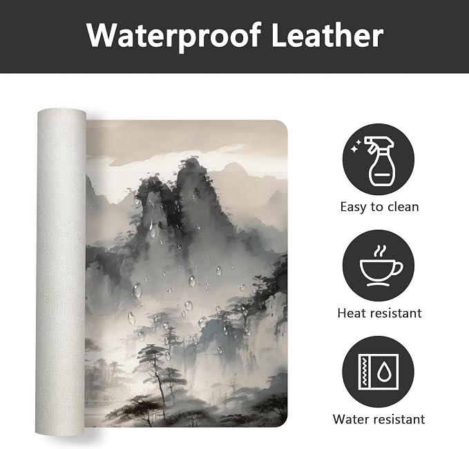 Britimes Pine Trees and Mountains Desk Mat Black and White Ink Painting Deak Pad Non-Slip PU Leather Large Keyboard Mouse Pad Office Desktop Accessories for Office,Work,Home Decor(31.5"X15.7")