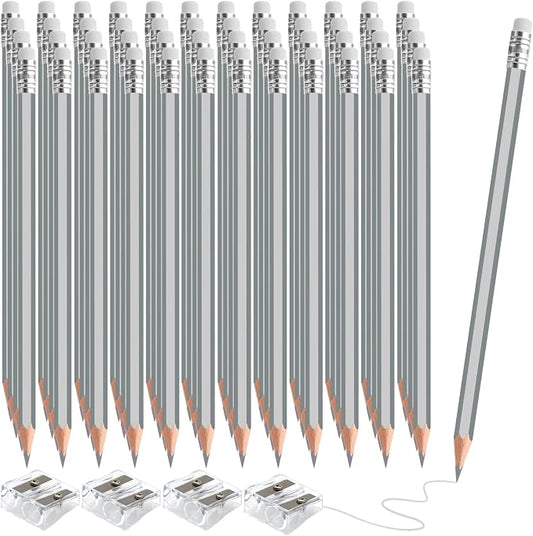 48 PCS Silver Colored Pencils with Eraser Pre Sharpened Pencil 2 HB - Ideal for Checking, Grading, Tests & Office/School Supplies (Silver)