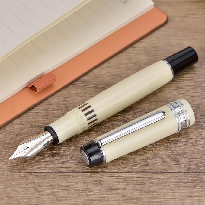 Wikult Yongsheng Junlai 930 Acrylic Fountain Pen, Size 9 Broad Nib with Piston Filling System, Ivory White Fence Ink Tank with Flat Top Design Smooth Writing Pen (Silver Trim)
