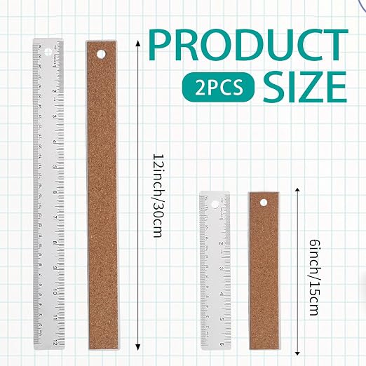 Metal Ruler 6 Inch 12 Inch Stainless Steel Ruler with Cork Backing, Non-Slip with Inch and Centimeters, Straight Edge Rulers for Student School Office Drafting Tools